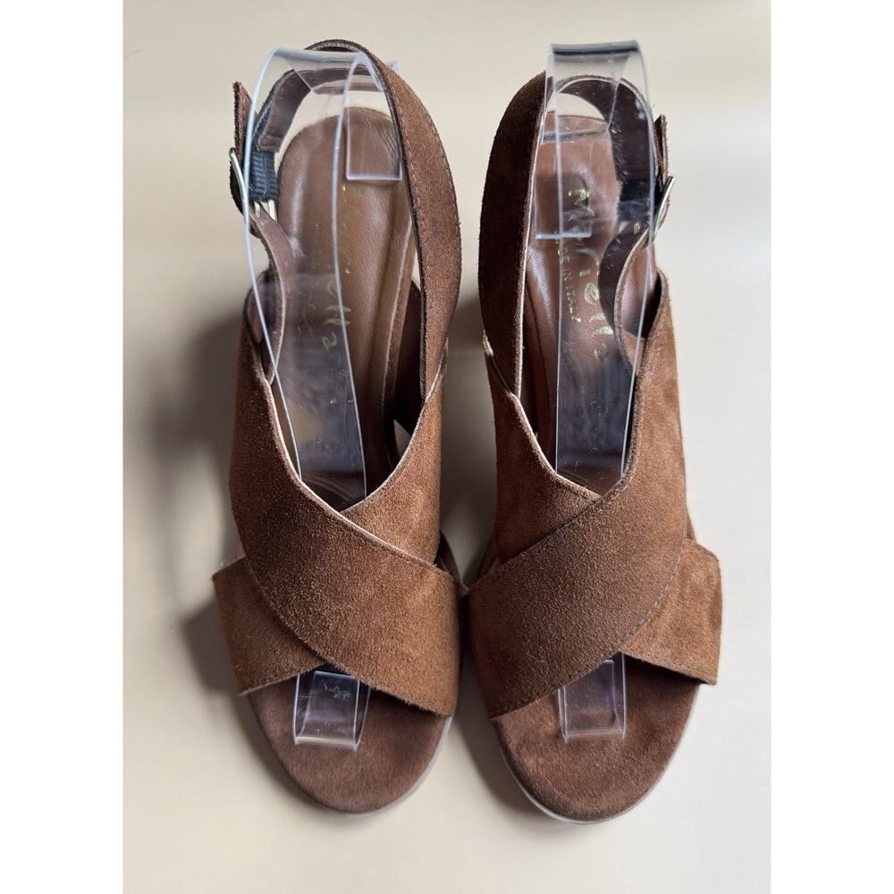 Mariella Caramel Suede Cross Band Stacked Heel Sandals Made In Italy 9‎ Classic